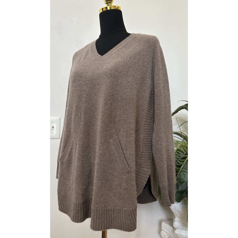 Saks Fifth Avenue Cashmere Poncho Sweater Brown Tunic Kangaroo Pocket Luxury S‎